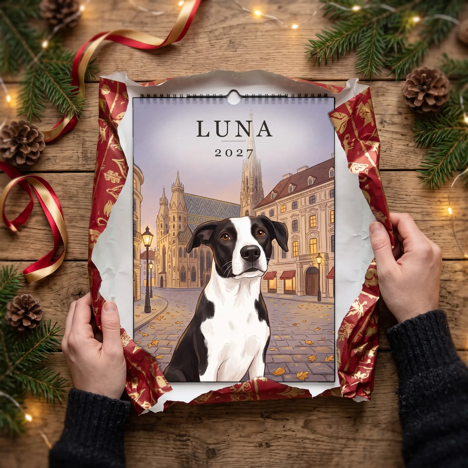 Ein A3-Wandkalender 2027 mit einem gemalten schwarz-weißen Hund vor dem Stephansdom wird aus Weihnachtspapier ausgepackt